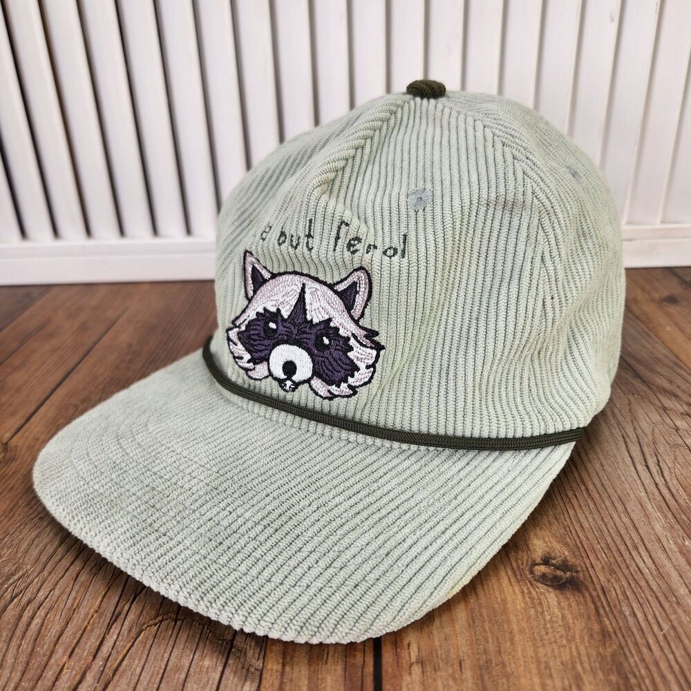 Weber's Resupply Cute But Feral Raccoon Strapback Hat Cap Green Corduroy Hipster